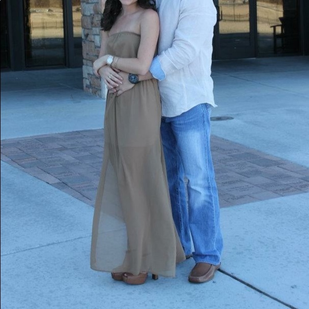 Beige Strapless Poetry Half Sheer Dress